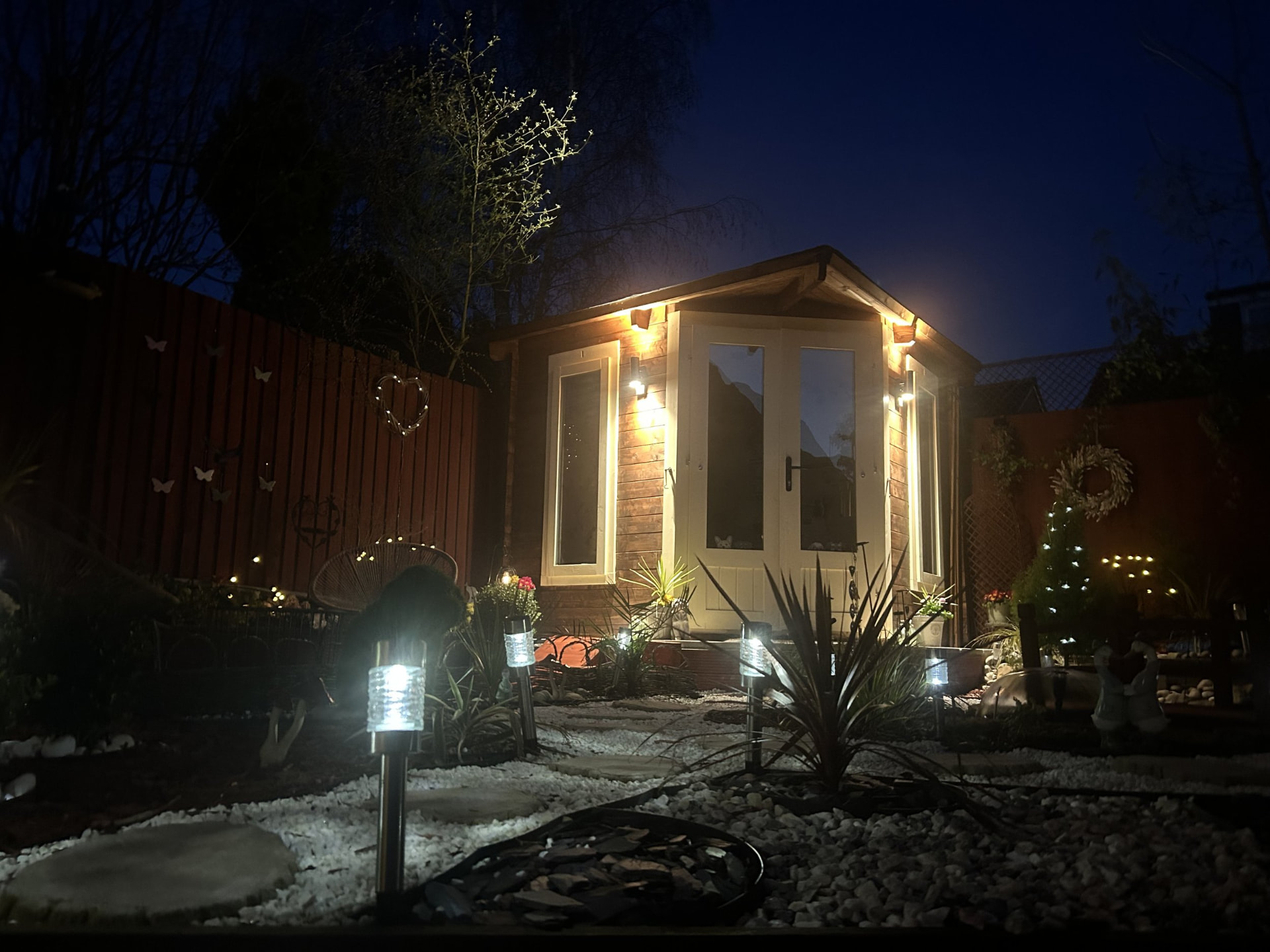 The Prenton grooming cabin lit up in the evening
